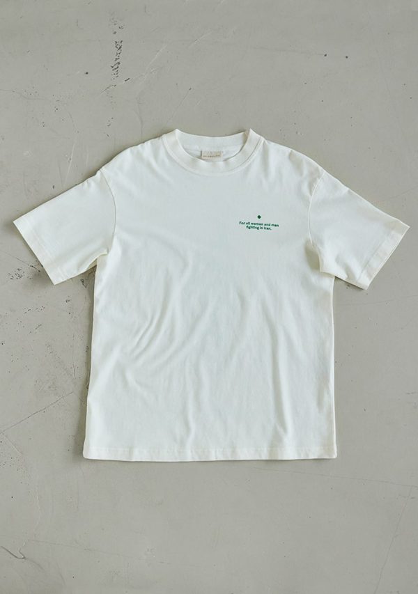 Charity T-Shirt ecru green front still